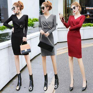 Buckled V-neck Knit Dress