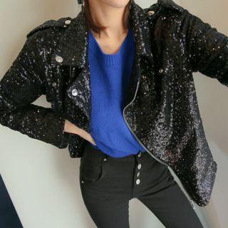 Diagonal-zip Sequin Biker Jacket