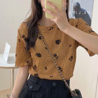 Short-sleeve Floral Shirred Top