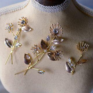 Wedding Rhinestone Flower Headpiece Gold - 3 Pcs