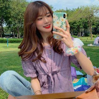 Puff-sleeve Drawstring Crop Top Purple - One Size