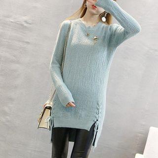 Plain Lace Up Side Long Sweater