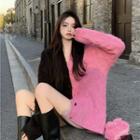 V-neck Two-tone Loose-fit Cardigan Pink & Black - One Size