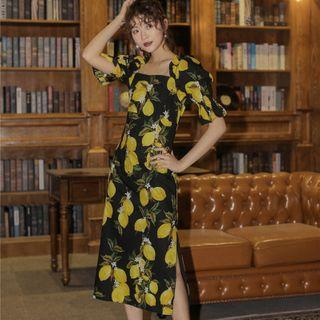 Elbow-sleeve Fruit Print Midi Dress