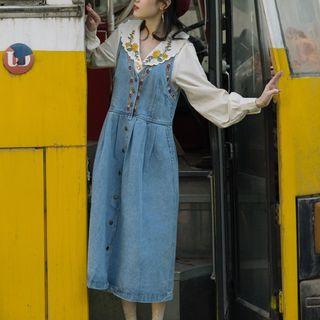 Flower Embroidered Blouse / A-line Midi Denim Pinafore Dress