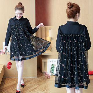 Mesh Panel Long-sleeve Shirtdress