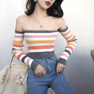 Off-shoulder Long-sleeve Striped Cropped Knit Top