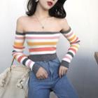 Off-shoulder Long-sleeve Striped Cropped Knit Top