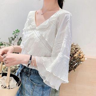 Layered Ruffle Trim Elbow-sleeve Blouse
