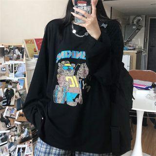 Cat-print Long-sleeve Round Neck T-shirt Black - One Size