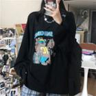 Cat-print Long-sleeve Round Neck T-shirt Black - One Size