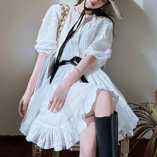 Puff-sleeve Embroidered Mini A-line Dress Without Belt - White - One Size