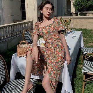 Short-sleeve Flower Print Slit Midi A-line Dress