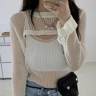 Long-sleeve Cutout Sheer Knit Top / Camisole Top