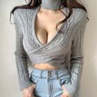 Turtleneck Wrap Cut-out Cropped Sweater Gray - One Size