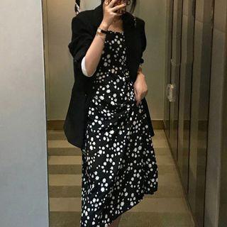 Sleeveless Floral Midi A-line Dress / Plain Blazer / Set
