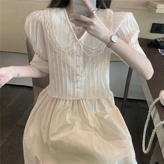 Collared Puff Short-sleeve Blouse As Shown In Figure - One Size