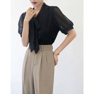 Puff-sleeve Tie-neck Blouse / Slim-fit Pants