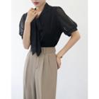 Puff-sleeve Tie-neck Blouse / Slim-fit Pants