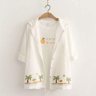 Tree Print Elbow Sleeve Hooded Jacket White - One Size