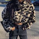 Sherpa-fleece Cropped Leopard Jacket Beige - One Size