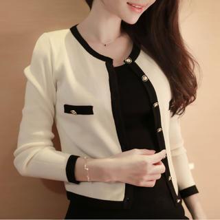 Metallic-button Contrast-trim Cardigan