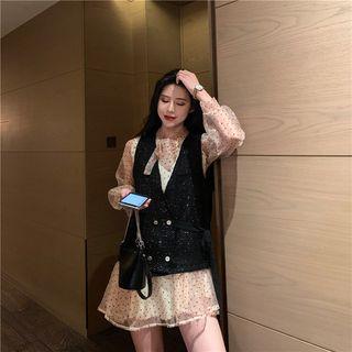 Double Breast Tweed Vest / Puff-sleeve Tie Neck Polka Dot Dress