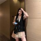 Double Breast Tweed Vest / Puff-sleeve Tie Neck Polka Dot Dress