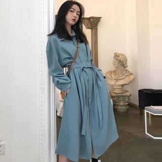 Long Sleeve Plain Belt A-line Shirtdress