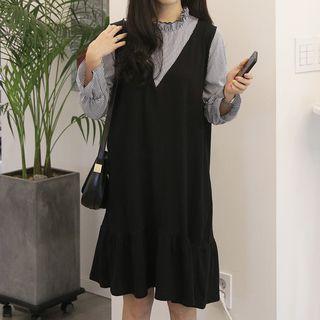 Inset Stripe Top Frill-hem Midi Jumper Dress