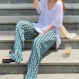 Elbow-sleeve Slit T-shirt / Printed Wide-leg Pants