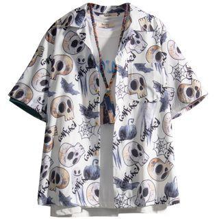 Short-sleeve Skull Print Loose-fit Shirt