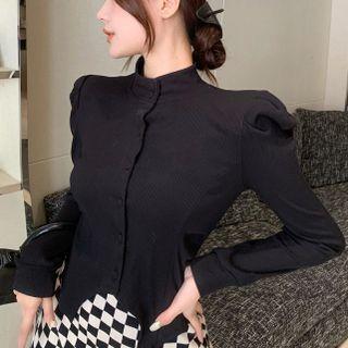 Asymmetrical Puff-sleeve Stand-collar Crop Shirt
