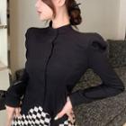 Asymmetrical Puff-sleeve Stand-collar Crop Shirt