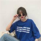 Lettering Elbow Sleeve T-shirt Blue - One Size