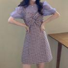 Puff-sleeve Top / Plaid Mini A-line Overall Dress