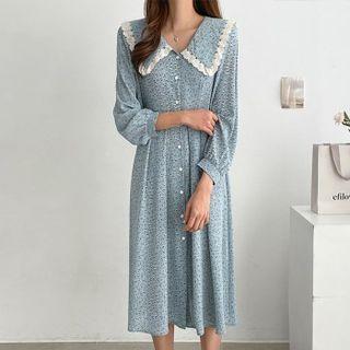 Lace-collar Buttoned Floral Long Dress