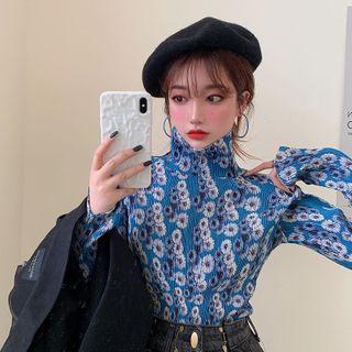 Flower Print Turtleneck Long-sleeve Top Blue - One Size