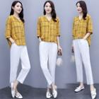 Set: Elbow-sleeve Plaid Blouse + Cropped Straight-fit Pants