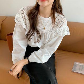 Lace Panel Lantern-sleeve Blouse White - One Size