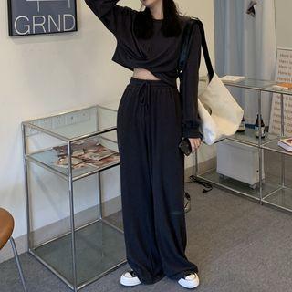 Set : Cropped Knotted Long-sleeve Top + Wide-leg Pants