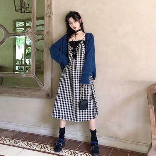 Knit Cardigan / Sleeveless Checked A-line Dress