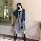 Knit Cardigan / Sleeveless Checked A-line Dress