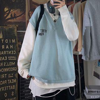 Mock Two-piece Long-sleeve Lettering Embroidered Shirt