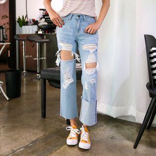 Asymmetric-hem Distressed Wide-leg Jeans