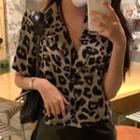 Short-sleeve Leopard Print Open-collar Shirt Leopard - Khaki - One Size
