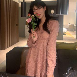 Long-sleeve Fluffy V-neck Mini Dress
