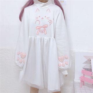 Long-sleeve Cat Print Mesh Panel A-line Dress