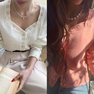 Sweetheart-neck Pointelle Cardigan