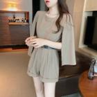 Details Inset-shawl Plain Top / High-waist Dress Shorts With Belt